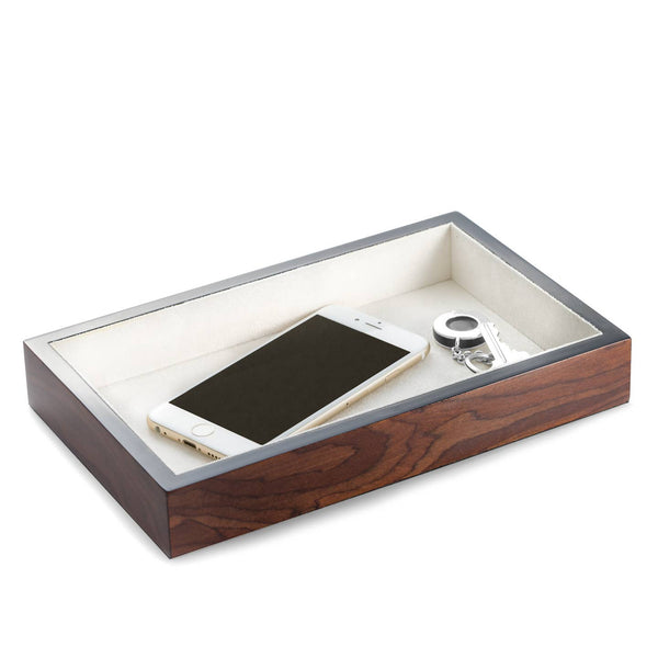 Lacquered Brown Burl Wood Open Face Valet Tray