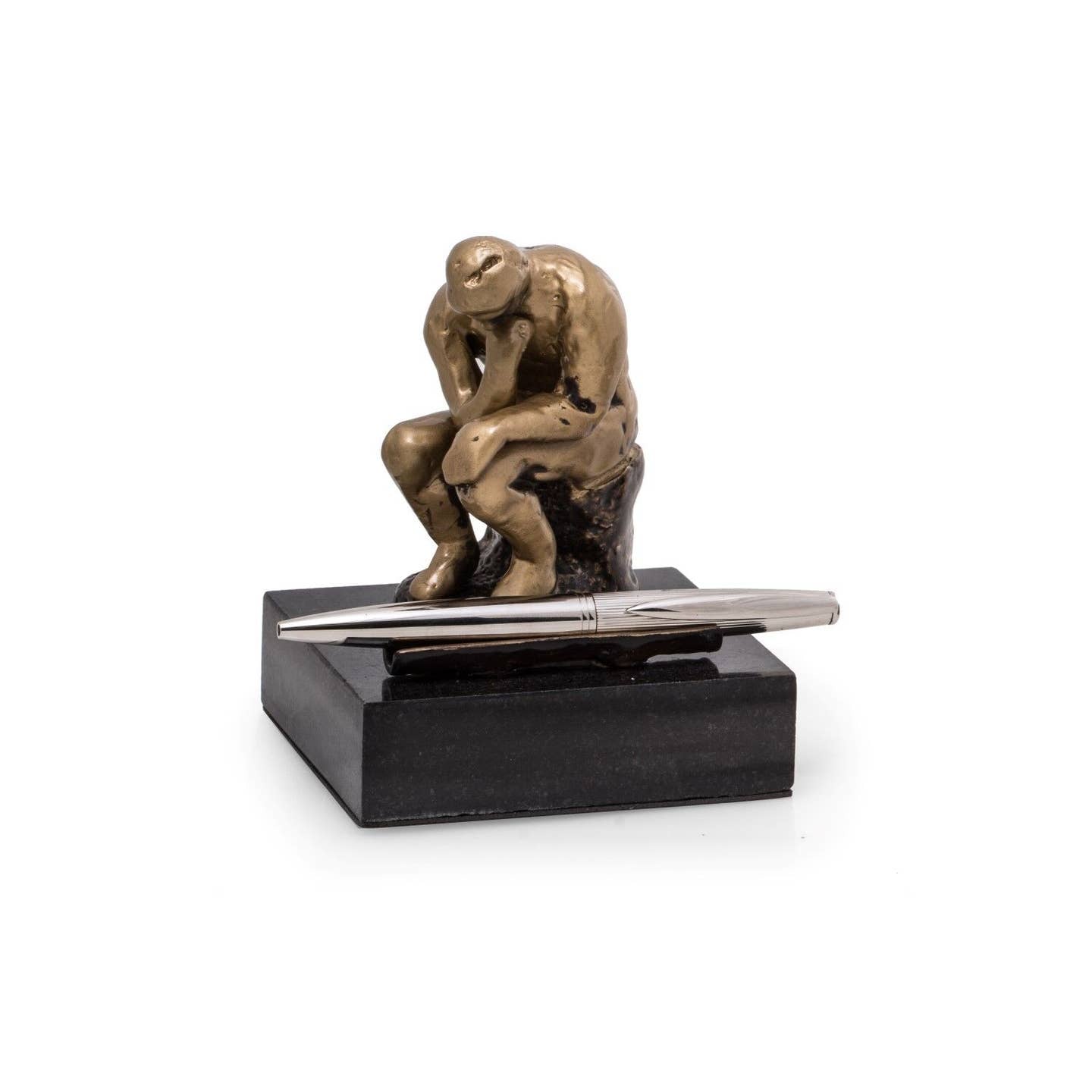 Bronze Finished Thinker Pen Holder On Black Marble Base