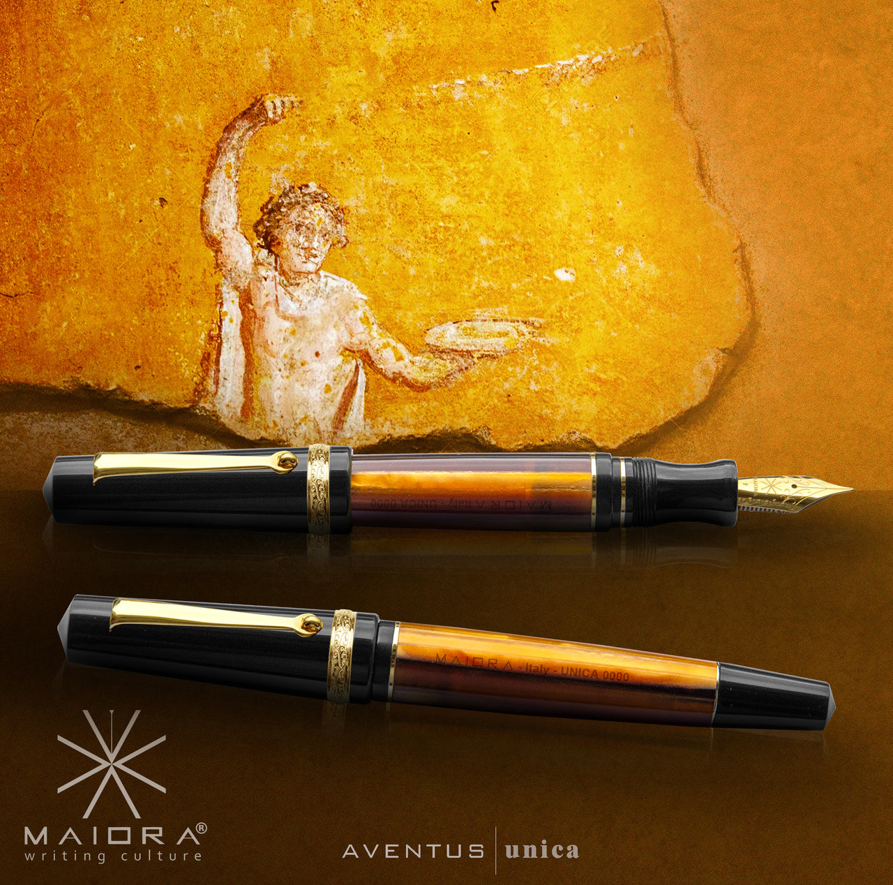 Maiora Aventus UNICA (“UNIQUE”black and orange/ gold plated) fountain pen, Medium Nib