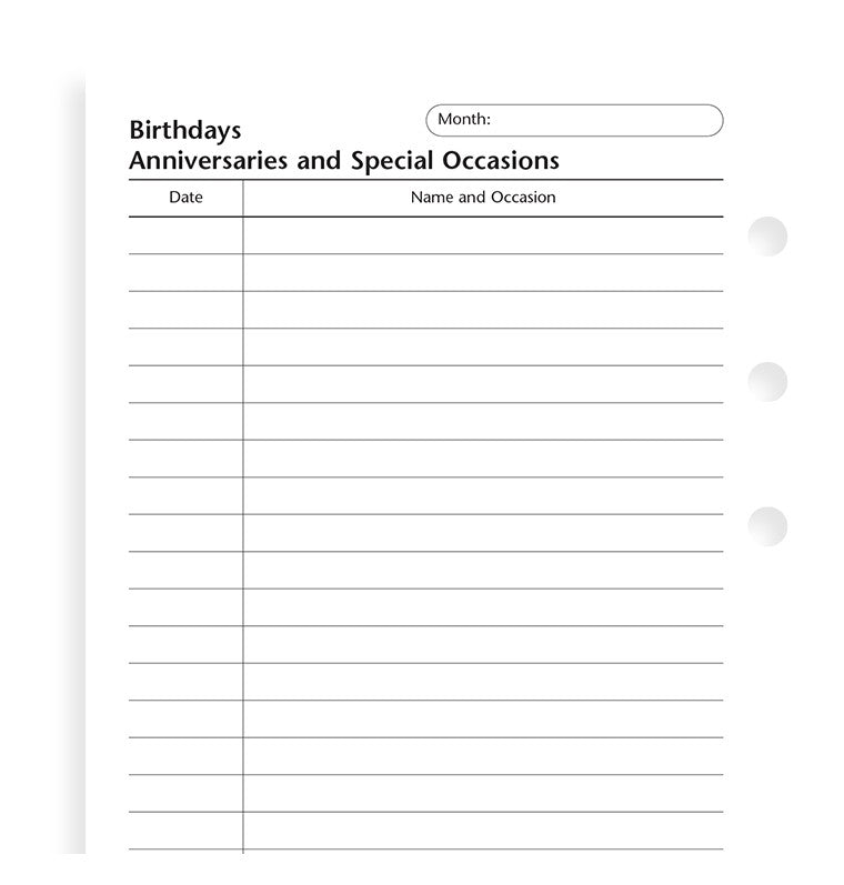 Filofax Organizer or Clipbook BIRTHDAYS ANNIVERSARIES AND SPECIAL OCCASIONS